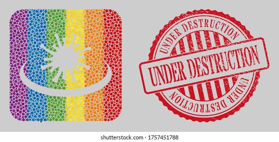 Scratched Under Destruction seal and mosaic virus area hole for LGBT. Dotted rounded rectangle mosaic is around virus area cut out shape. LGBT rainbow colors.