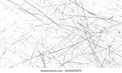 Textura urbana arranhada com design de sobreposição Grunge. Fundo de angústia empoeirado com efeito de grão. Vetor preto sobre branco para uso gráfico. Ilustração de superfície áspera de alto contraste.
