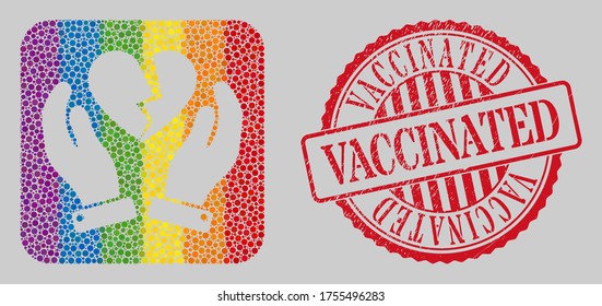 Scratched Vaccinated seal and mosaic broken heart care hands hole for LGBT. Dotted rounded rectangle mosaic is around broken heart care hands hole. LGBT spectrum colors.