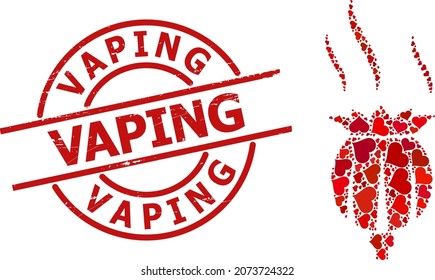 Sello de sello Vaping y collage de corazón de amor rojo para aroma de opio. El sello rojo redondo tiene el título Vaping dentro del círculo. El collage de aroma de opio se hace con objetos de boda rojos.