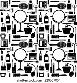 Scratched vector seamless pattern background with various cosmetic objects 1