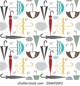 Scratched vector seamless pattern with rain and umbrellas