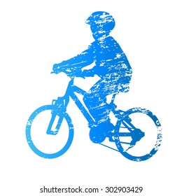 Scratched vector silhouette kid on bike