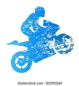 Scratched vector silhouette road motorbike rider. Wheelie