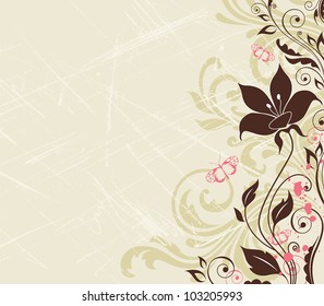 Scratched vintage floral background with tulip and butterflies