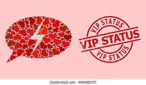 Scratched Vip Status stamp seal, and red love heart mosaic for emergency message. Red round seal contains Vip Status caption inside circle. Emergency message mosaic is composed from red romance icons.