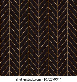 Scratched weaving. Asian ornament. Seamless pattern based on japanese sashiko. Golden motif on the black background. Abstract geometric backdrop. For decoration, wallpaper or surface textures.