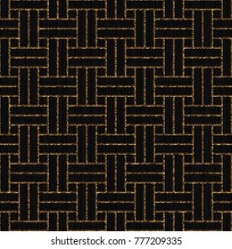 Scratched weaving. Asian ornament. Seamless pattern based on japanese sashiko. Golden motif on the black background. Abstract geometric backdrop. For decoration, wallpaper or surface textures.