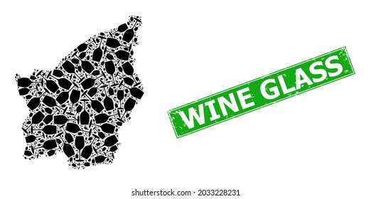 Scratched Wine Glass stamp, and San Marino map mosaic of wine glass icons. Green rectangle stamp has Wine Glass caption inside rectangle. San Marino map mosaic is created of wine glass rotated items.