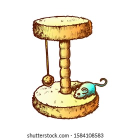 Scratcher Cat Claw Sharpener Monochrome Vector. Domestic Scratching Post For Cat With Mouse Toy. Pet Shop Playing Accessory Engraving Layout Designed In Vintage Style Color Illustration