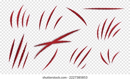 Scratches zeigen ein realistisches Set mit transparentem Hintergrund und blutigem Kratzer aus Klauen und Wildtierzähnen, Vektorgrafik