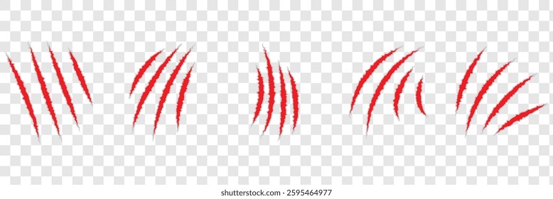 Scratches set. Animal claws marks collection in red. Claw scratch silhouette. Red animal claw marks, scratches, talons cuts vector illustration.