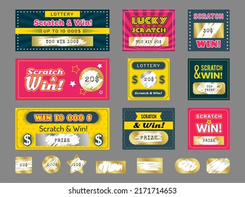 Scratching cards. Prize games cards tickets lottery templates recent vector illustrations set isolated