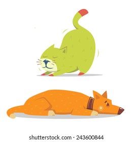 Scratching cat and laying dog cartoon vector graphic home pets set