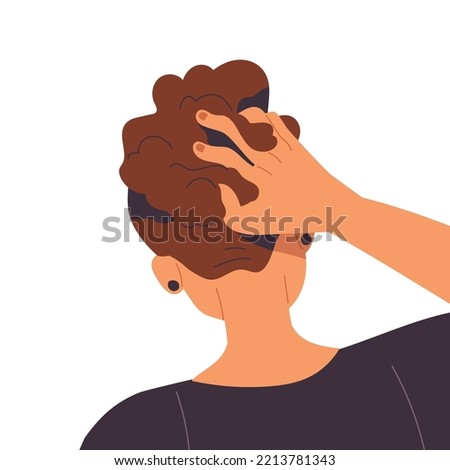 Scratching head back, nape with hand. Fingers in hair, faceless avatar of thinking thoughtful human. Abstract pondering wondering person. Flat vector illustration isolated on white background