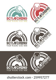 Scratching music logo, modern, simple and elegant logo template with a  hand scratching a vinyl record, usable for all kinds of music related businesses, dj, studios, mc, etc. 