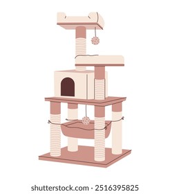 Scratching post, bed and house for cats. Accessories for pet sleep and play. Flat vector illustration.