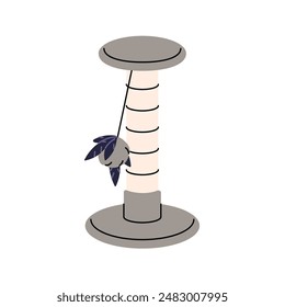 Scratching post with cat toy on string. Accessory for playing of kittens. Furniture to care about pets' claws. Domestic animals fun, amusement. Flat isolated vector illustration on white background