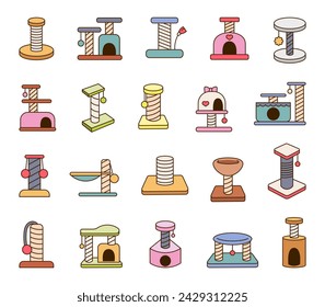 Poste de rascar para gatos domésticos. Gatitos casas y muebles. Mercancía de la tienda veterinaria. Estilo dibujado a mano. Dibujo vectorial. Colección de elementos de diseño.