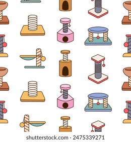 Scratching post for home cats. Seamless pattern. Kitty houses and furniture. Veterinary shop merchandise. Hand drawn style. Vector drawing. Design ornaments.