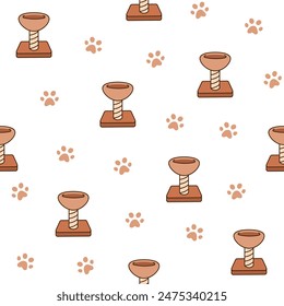 Scratching post for home cats. Seamless pattern. Kitty houses and furniture. Veterinary shop merchandise. Hand drawn style. Vector drawing. Design ornaments.