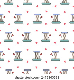 Scratching post for home cats. Seamless pattern. Kitty houses and furniture. Veterinary shop merchandise. Hand drawn style. Vector drawing. Design ornaments.