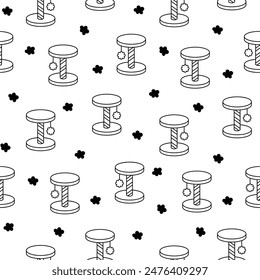 Poste de rascar para gatos domésticos. Patrón sin costuras. Página para colorear. Gatitos casas y muebles. Mercancía de la tienda veterinaria. Estilo dibujado a mano. Dibujo de Vector. Diseñar adornos.