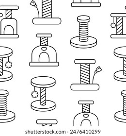 Poste de rascar para gatos domésticos. Patrón sin costuras. Página para colorear. Gatitos casas y muebles. Mercancía de la tienda veterinaria. Estilo dibujado a mano. Dibujo de Vector. Diseñar adornos.