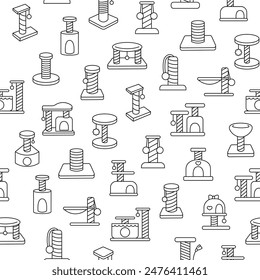 Scratching post for home cats. Seamless pattern. Coloring Page. Kitty houses and furniture. Veterinary shop merchandise. Hand drawn style. Vector drawing. Design ornaments.