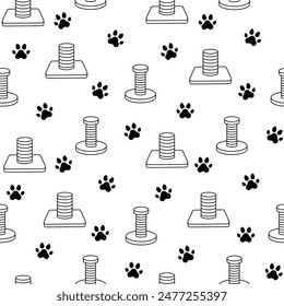 Scratching post for home cats. Seamless pattern. Coloring Page. Kitty houses and furniture. Veterinary shop merchandise. Hand drawn style. Vector drawing. Design ornaments.