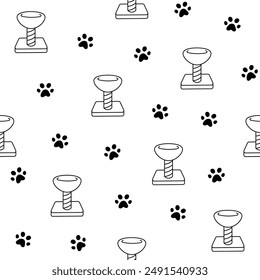Scratching post for home cats. Seamless pattern. Coloring Page. Kitty houses and furniture. Veterinary shop merchandise. Hand drawn style. Vector drawing. Design ornaments.