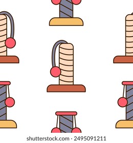 Scratching post for home cats. Seamless pattern. Kitty houses and furniture. Veterinary shop merchandise. Hand drawn style. Vector drawing. Design ornaments.