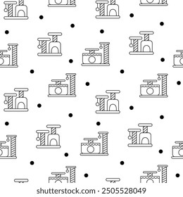 Scratching post for home cats. Seamless pattern. Coloring Page. Kitty houses and furniture. Veterinary shop merchandise. Hand drawn style. Vector drawing. Design ornaments.