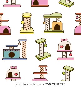 Scratching post for home cats. Seamless pattern. Kitty houses and furniture. Veterinary shop merchandise. Hand drawn style. Vector drawing. Design ornaments.