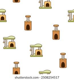 Scratching post for home cats. Seamless pattern. Kitty houses and furniture. Veterinary shop merchandise. Hand drawn style. Vector drawing. Design ornaments.