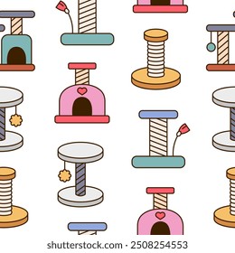 Scratching post for home cats. Seamless pattern. Kitty houses and furniture. Veterinary shop merchandise. Hand drawn style. Vector drawing. Design ornaments.
