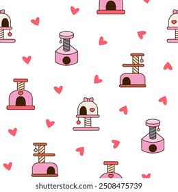 Scratching post for home cats. Seamless pattern. Kitty houses and furniture. Veterinary shop merchandise. Hand drawn style. Vector drawing. Design ornaments.