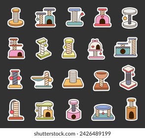 Scratching post for home cats. Sticker Bookmark. Kitty houses and furniture. Veterinary shop merchandise. Hand drawn style. Vector drawing. Collection of design elements.