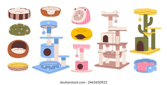 Scratching posts, beds and houses for cats. Accessories for pet sleep and play. Vector illustration set