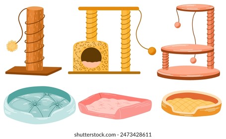 Scratching posts, beds and houses for cats. Accessories for pet sleep and play. Vector illustration set