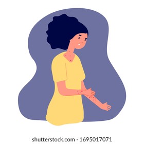 Scratching skin. Woman sick, roseola allergy symptoms. Virus disease, scabies or adult chickenpox vector illustration