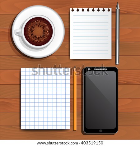 Scratchpad sheets, pencil and pen, cappuccino, smartphone, top view