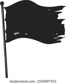 Scratchy black grunge blank pirate flag,  flying silhouette ship flag with pole