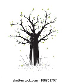 Scratchy Scribble Tree in Black Silhouette.  drawing. Vector EPS8 illustration.