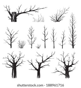 Scratchy Trees Collection in Black Silhouettes. Sketchy set of freehand trees drawing. Vector EPS8 illustration.