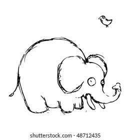 scratchy vector cartoon elephant and bird