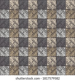 Scrawl. Mosaic with geometric shapes. Seamless pattern. Design with manual hatching. Textile. Ethnic boho ornament. Vector illustration for web design or print.