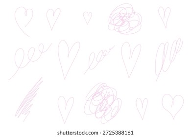 Scrwl Scribble Doodle Heart and Lines Dia dos Namorados definido. Esboço coração marcador rosa. Desenhar elementos desenhados à mão. Ilustração do vetor Scribble isolado no fundo branco.
