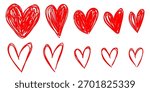 Scrawl Scribble Doodle Heart. Sketch red marker heart. Doodle hand drawn hearts. Valentine