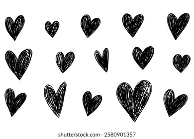 Scrawl scribble doodle heart. Sketch marker heart. Doodle hand drawn hearts. Valentine's Day set. Line art Scribble vector illustration isolated on white background.